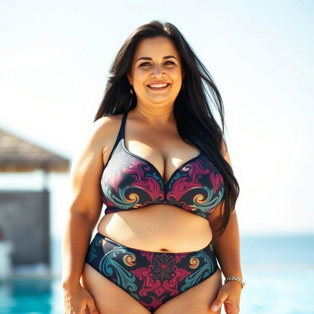 A captivating 50-year-old woman standing confidently, with a slightly plump body and large breasts, wearing a sexy swimsuit that highlights her curves