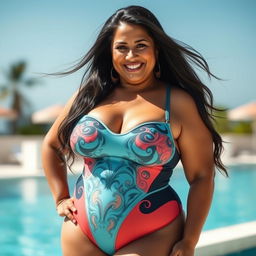 A captivating 50-year-old woman standing confidently, with a slightly plump body and large breasts, wearing a sexy swimsuit that highlights her curves