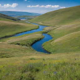 A serene landscape with rolling green hills under a bright blue sky, dotted with vibrant wildflowers and a peaceful flowing river in the foreground