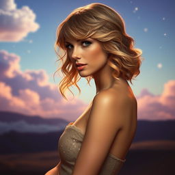 A highly artistic representation of a woman embodying the essence of Taylor Swift, showcasing her iconic style and elegance