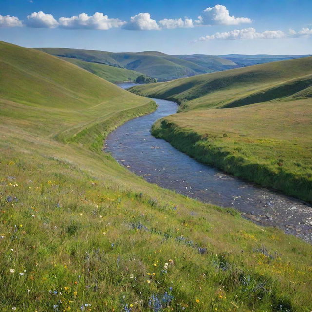 A serene landscape with rolling green hills under a bright blue sky, dotted with vibrant wildflowers and a peaceful flowing river in the foreground