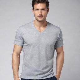 Generate an image of a simple, stylish grey shirt. The shirt should have a round or V neck, with short sleeves and it should be made of soft, comfortable fabric.