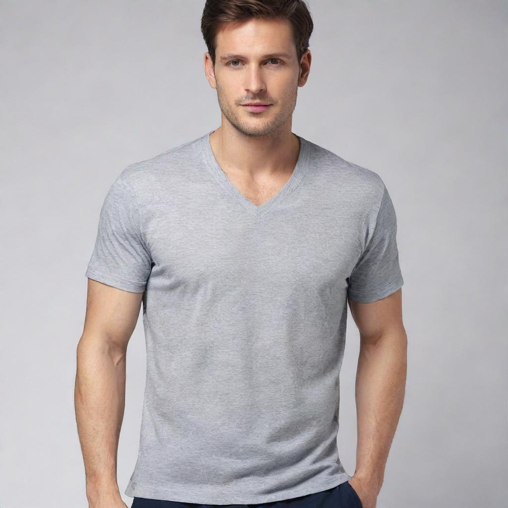 Generate an image of a simple, stylish grey shirt. The shirt should have a round or V neck, with short sleeves and it should be made of soft, comfortable fabric.