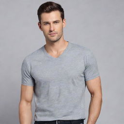 Generate an image of a simple, stylish grey shirt. The shirt should have a round or V neck, with short sleeves and it should be made of soft, comfortable fabric.