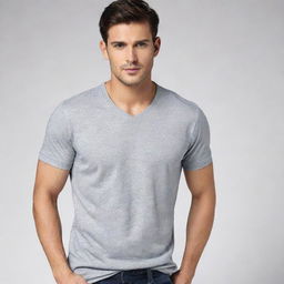 Generate an image of a simple, stylish grey shirt. The shirt should have a round or V neck, with short sleeves and it should be made of soft, comfortable fabric.