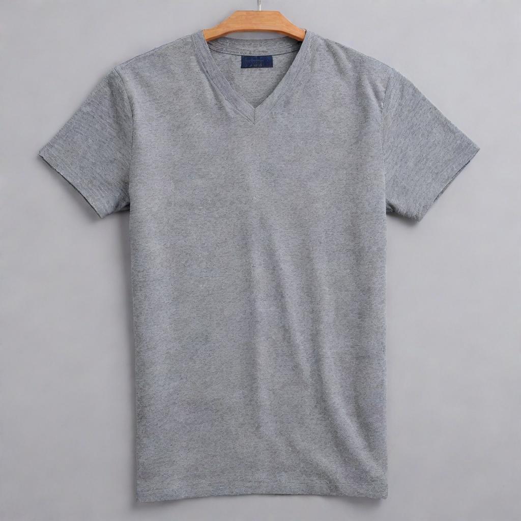 Generate an image of a simple, stylish grey shirt. The shirt should have a round or V neck, with short sleeves and it should be made of soft, comfortable fabric.