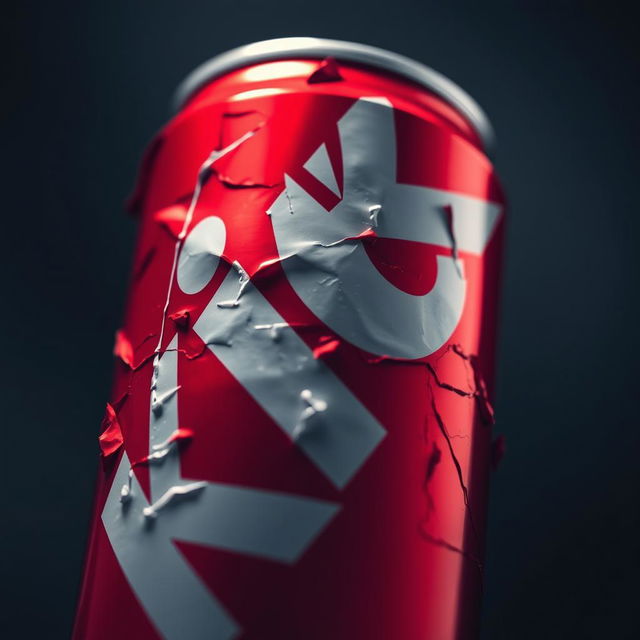 A close-up of a crushed red soda can prominently featuring bold white letters spelling "KICK" on the can's surface