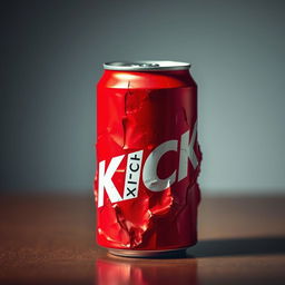 A close-up of a crushed red soda can prominently featuring bold white letters spelling "KICK" on the can's surface