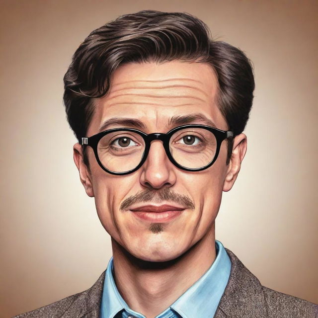 A stylized illustration of actor Milo Mannheim wearing glasses. Capture his distinctive features and charisma in a unique drawing style, showcasing his personality.