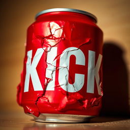 A close-up of a crushed red soda can prominently featuring bold white letters spelling "KICK" on the can's surface