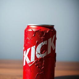 A close-up of a crushed red soda can prominently featuring bold white letters spelling "KICK" on the can's surface