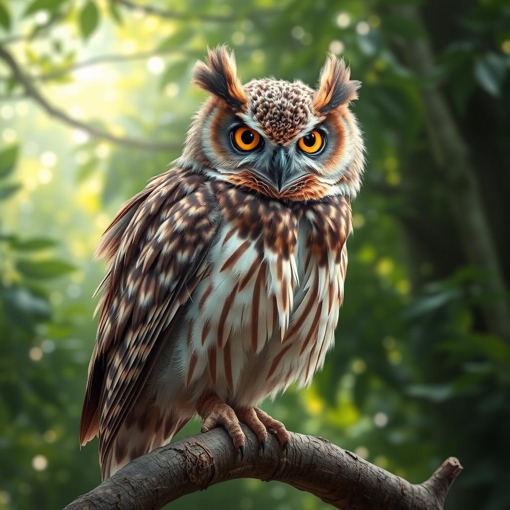 A realistic and detailed image of a Buffy Fish Owl perched on a branch