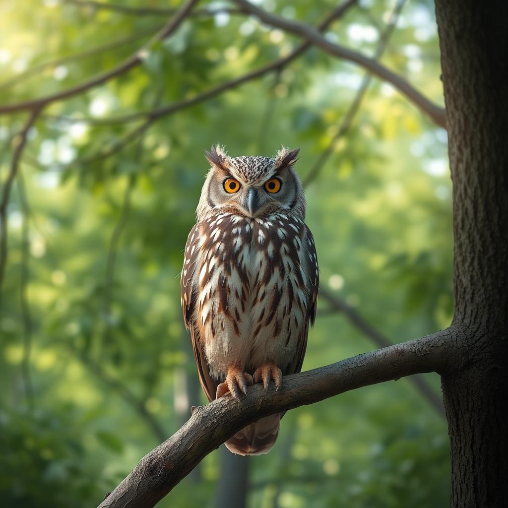 A realistic and detailed image of a Buffy Fish Owl perched on a branch