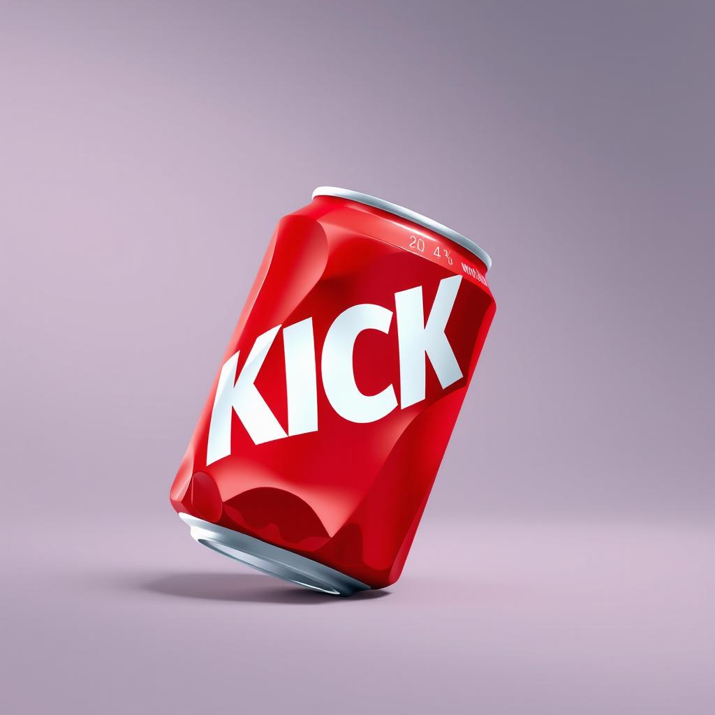 A full view of a 2D representation of a crushed red soda can featuring bold white letters spelling "KICK" on the can