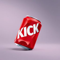 A full view of a 2D representation of a crushed red soda can featuring bold white letters spelling "KICK" on the can