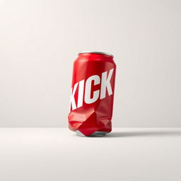 A full view of a 2D representation of a crushed red soda can featuring bold white letters spelling "KICK" on the can