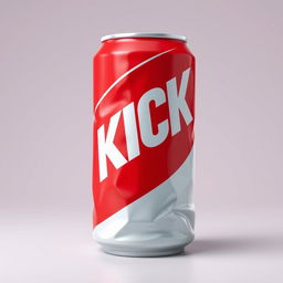 A full view of a 2D representation of a crushed red soda can featuring bold white letters spelling "KICK" on the can