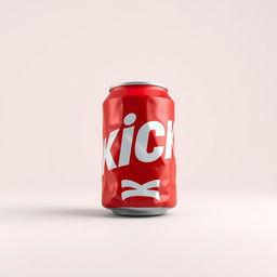 A full view of a 2D representation of a crushed red soda can featuring bold white letters spelling "KICK" on the can