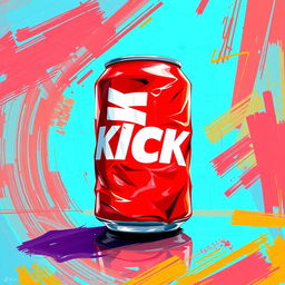 A full view of a 2D crushed red soda can depicted in a vibrant paint art style