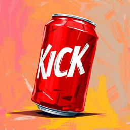 A full view of a 2D crushed red soda can depicted in a vibrant paint art style