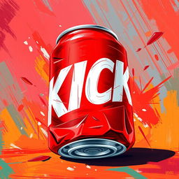 A full view of a 2D crushed red soda can depicted in a vibrant paint art style