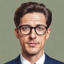 A stylized illustration of actor Milo Mannheim wearing glasses. Capture his distinctive features and charisma in a unique drawing style, showcasing his personality.