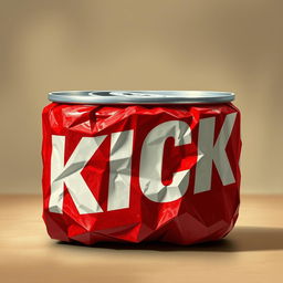 A full view of a 2D crushed red soda can featuring bold white letters spelling "KICK" on the can, depicted with a renaissance painting texture