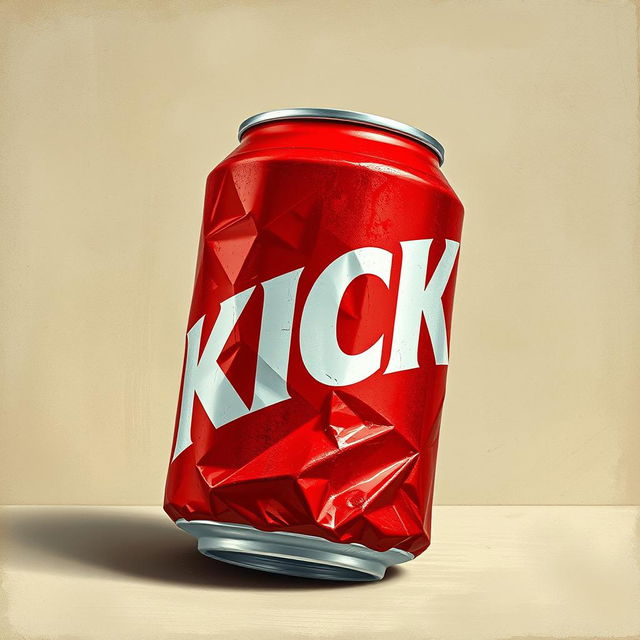 A full view of a 2D crushed red soda can featuring bold white letters spelling "KICK" on the can, depicted with a renaissance painting texture