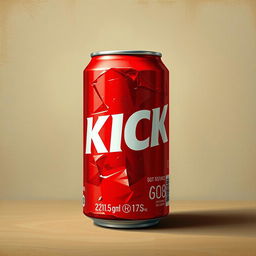 A full view of a 2D crushed red soda can featuring bold white letters spelling "KICK" on the can, depicted with a renaissance painting texture