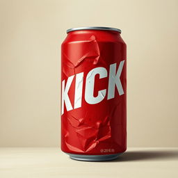 A full view of a 2D crushed red soda can featuring bold white letters spelling "KICK" on the can, depicted with a renaissance painting texture