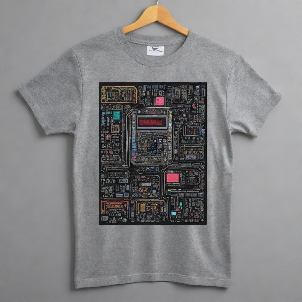 Create a Y2K-inspired back design on a grey t-shirt, featuring iconic electronic components representing engineering. Use neon colors for the design against the grey background.