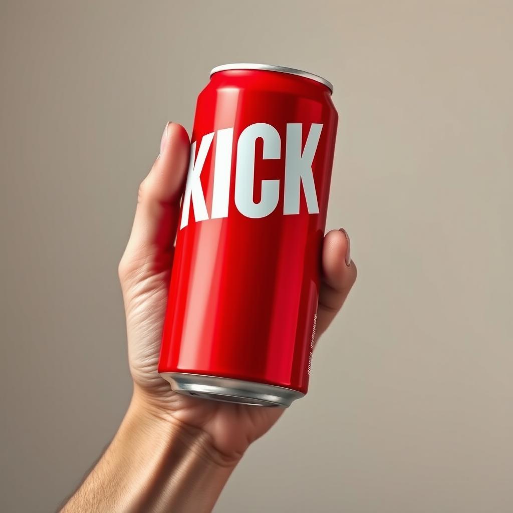 A full view of a hand holding a red soda can that prominently features bold white letters spelling "KICK" on the can