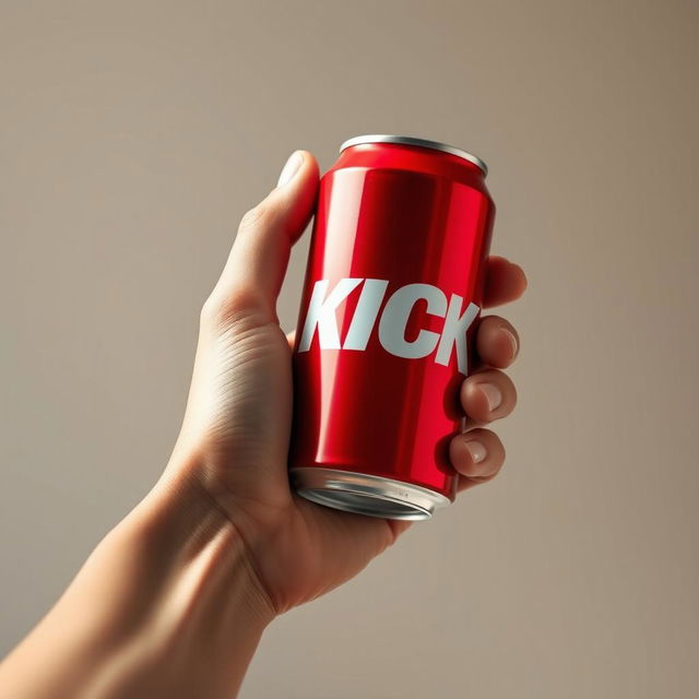 A full view of a hand holding a red soda can that prominently features bold white letters spelling "KICK" on the can