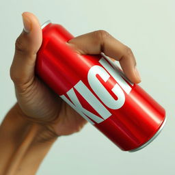 A full view of a hand holding a red soda can that prominently features bold white letters spelling "KICK" on the can