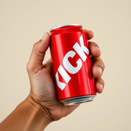 A full view of a hand holding a red soda can that prominently features bold white letters spelling "KICK" on the can