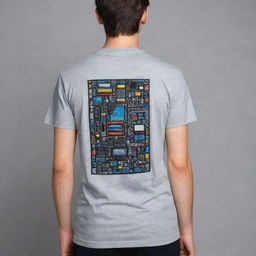 Create a Y2K-inspired back design on a grey t-shirt, featuring iconic electronic components representing engineering. Use neon colors for the design against the grey background.