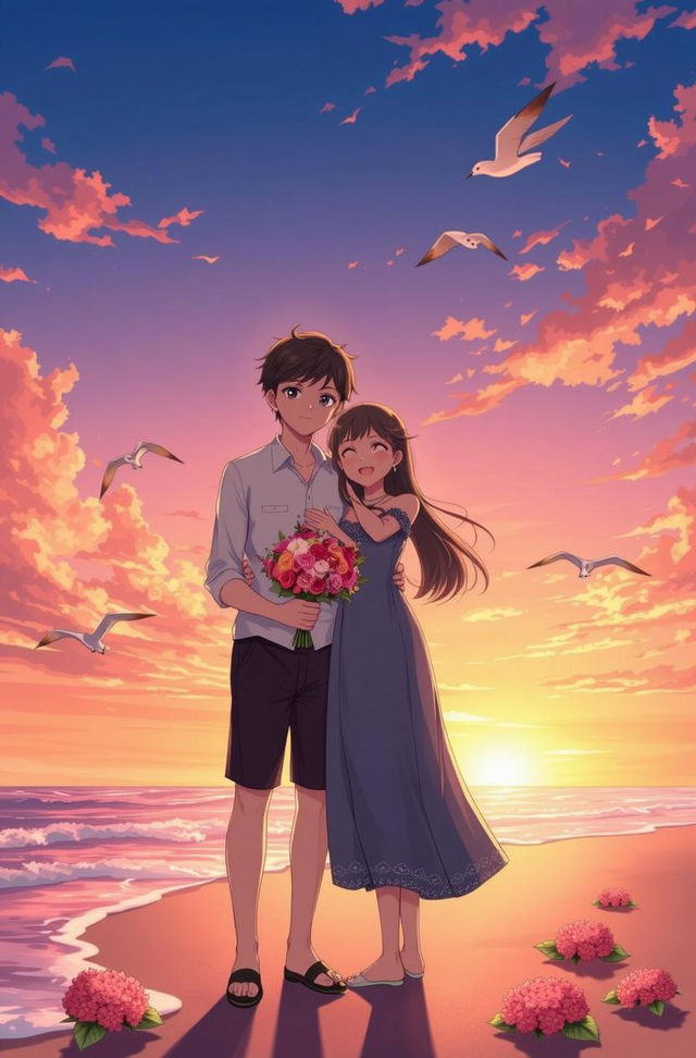 An anime-style illustration capturing the love story of two characters named Senja and Senji, standing together on a beautiful beach during sunset