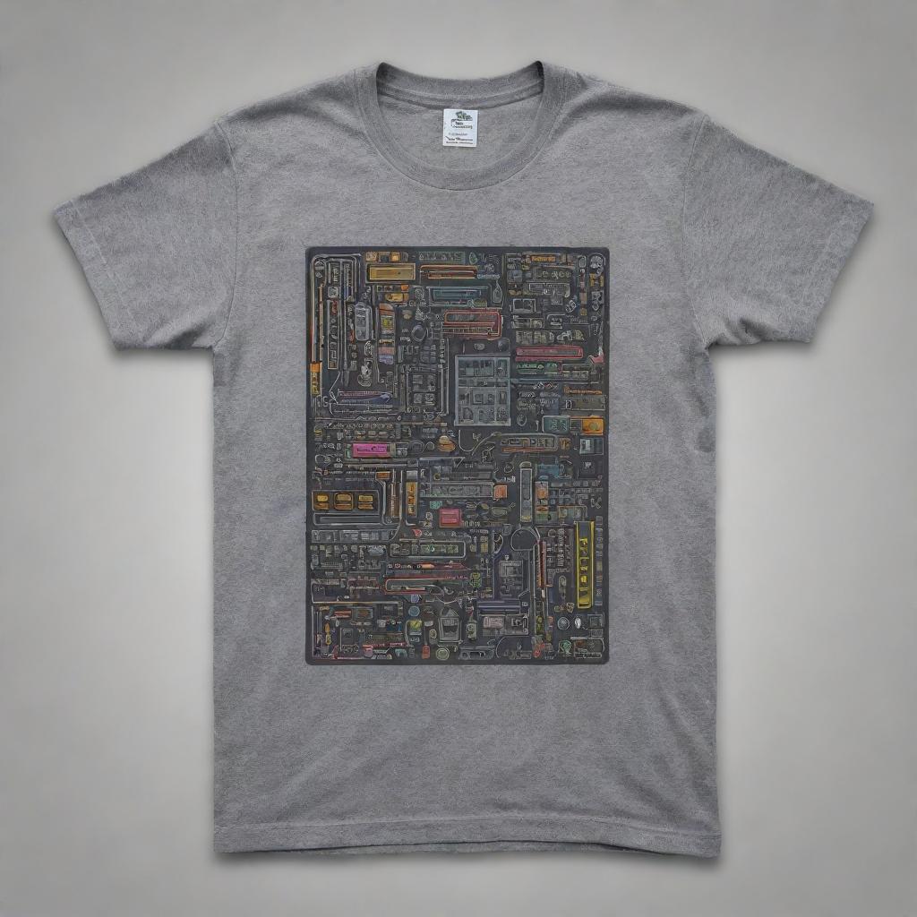 Create a Y2K-inspired back design on a grey t-shirt, featuring iconic electronic components representing engineering. Use neon colors for the design against the grey background.