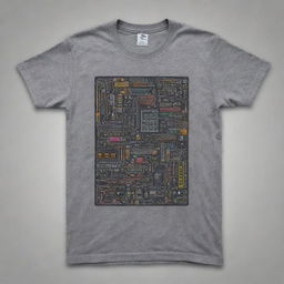 Create a Y2K-inspired back design on a grey t-shirt, featuring iconic electronic components representing engineering. Use neon colors for the design against the grey background.