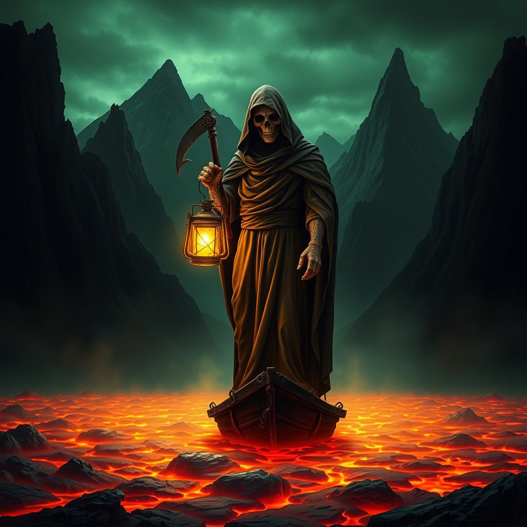 A chilling yet striking image of the Grim Reaper, shrouded in a dark cloak, holding a glowing lantern