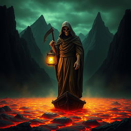 A chilling yet striking image of the Grim Reaper, shrouded in a dark cloak, holding a glowing lantern