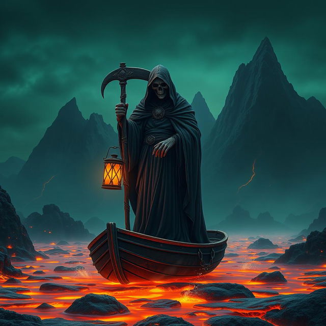 A chilling yet striking image of the Grim Reaper, shrouded in a dark cloak, holding a glowing lantern