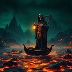 A chilling yet striking image of the Grim Reaper, shrouded in a dark cloak, holding a glowing lantern