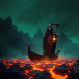 A chilling yet striking image of the Grim Reaper, shrouded in a dark cloak, holding a glowing lantern