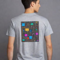 Create a Y2K-inspired back design on a grey t-shirt, featuring iconic electronic components representing engineering. Use neon colors for the design against the grey background.