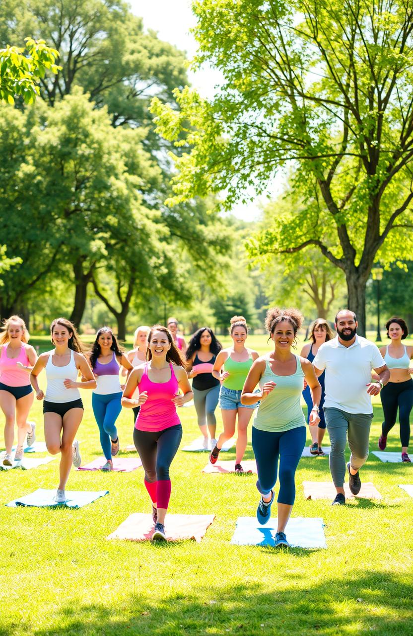 A vibrant, inspiring scene depicting a diverse group of individuals engaged in various physical fitness activities