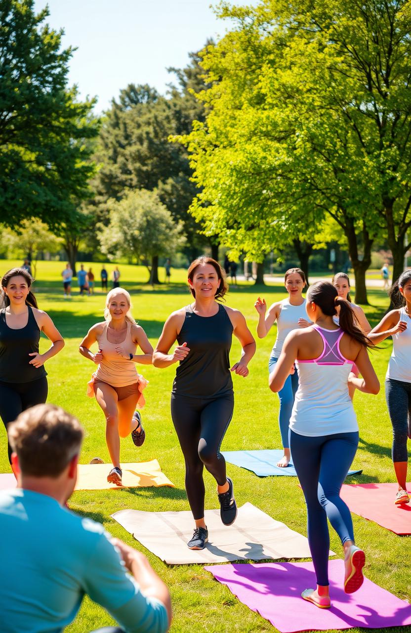 A vibrant, inspiring scene depicting a diverse group of individuals engaged in various physical fitness activities