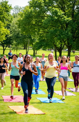 A vibrant, inspiring scene depicting a diverse group of individuals engaged in various physical fitness activities