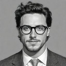 An artistic illustration of Aaron Taylor-Johnson wearing glasses. The illustration should capture his characteristic features and charm, rendered in a unique and captivating drawing style.