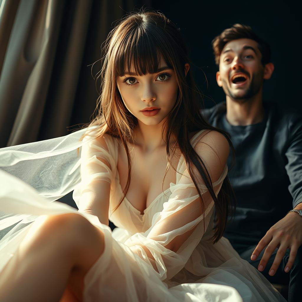 A beautiful girl with long brown hair and bangs, wearing a transparent dress, sitting with an innocent expression